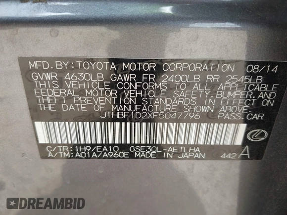 2015 Lexus IS 250 с VIN JTHBF1D2XF5047796, выставлен на аукционе IAAI как лот 42562953 с пробегом 52 441 миль миль и . История ставок и продаж доступна на DreamBid. Изображение 9.