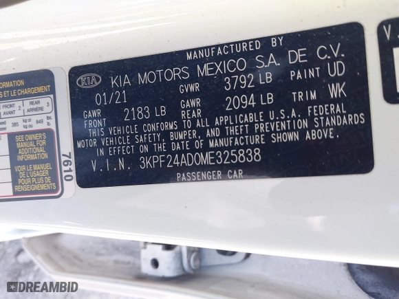 2021 Kia Forte LXS with VIN 3KPF24AD0ME325838, listed as a IAAI auction lot 41628351 with 57,846 mi miles. Bid and sale history available at carsss.com. Image 9.