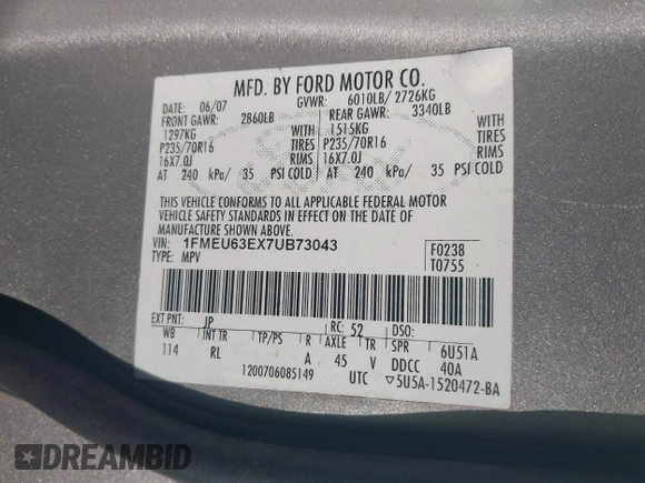 2007 Ford Explorer XLT with VIN 1FMEU63EX7UB73043, listed as a IAAI auction lot 41867150 with Not Provided miles. Bid and sale history available at carsss.com. Image 9.