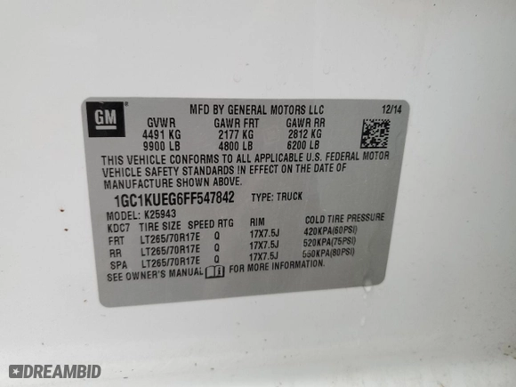 2015 Chevrolet Silverado 2500HD Built After Aug 14 Work Truck with VIN 1GC1KUEG6FF547842, listed as a Copart auction lot 43025865 with 230,004 mi miles and Salvage Title. Bid and sale history available at carsss.com. Image 12.