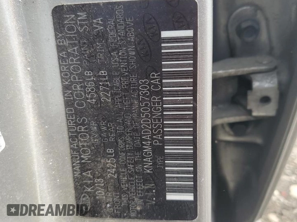 2013 Kia Optima Hybrid LX with VIN KNAGM4AD2D5057303, listed as a Copart auction lot 65428374 with 168,513 mi miles and Salvage Title. Bid and sale history available at carsss.com. Image 13.