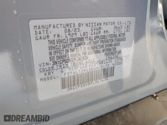 2023 Nissan Kicks SR with VIN 3N1CP5DV8PL567634, listed as a Copart auction lot 50966835 with 36,939 mi miles and Salvage Title. Bid and sale history available at carsss.com. Image 14.