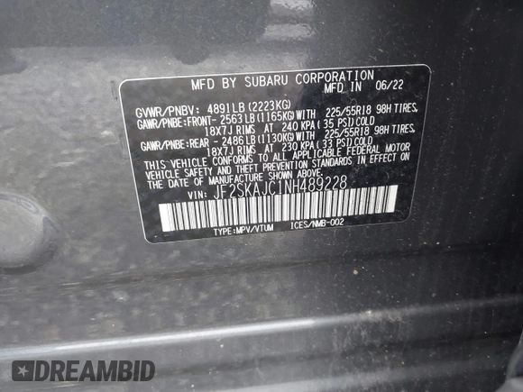 2022 Subaru Forester Special Sports with VIN JF2SKAJC1NH489228, listed as a IAAI auction lot 42499823 with 33,653 mi miles and . Bid and sale history available at DreamBid. Image 9.