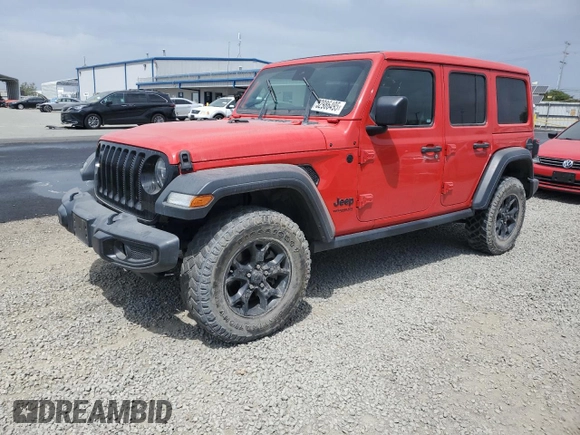 2021 Jeep Wrangler Unlimited Willys with VIN 1C4HJXDM8MW603982, listed as a Copart auction lot 52986495 with 80,474 mi miles and Salvage title. Bid and sale history available at DreamBid. Image 1.