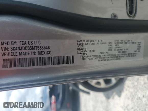 2021 Jeep Compass Limited с VIN 3C4NJDCB5MT583648, выставлен на аукционе Copart как лот 60340155 с пробегом 138 214 миль миль и Списание • Salvage title. История ставок и продаж доступна на DreamBid. Изображение 13.