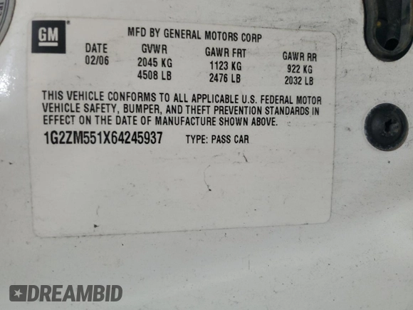 2006 Pontiac G6 GTP z VIN 1G2ZM551X64245937, wystawiony jako Copart lot #72382884 z przebiegiem Nie podano mil oraz Szkoda całkowita • Salvage title. Historia ofert i sprzedaży dostępna na DreamBid. Obrazek 12.