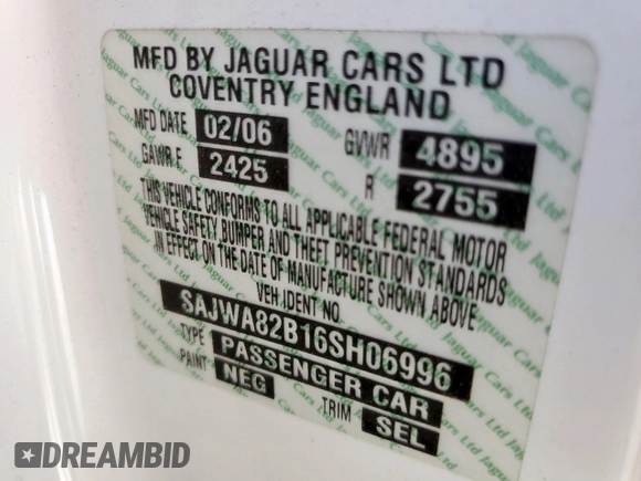 2006 Jaguar XJ Vanden Plas with VIN SAJWA82B16SH06996, listed as a Copart auction lot 62509025 with 80,236 mi miles and Salvage title. Bid and sale history available at DreamBid. Image 12.