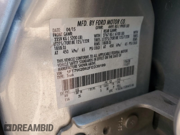 2015 Ford F-250 Lariat с VIN 1FT7W2B62FED39199, выставлен на аукционе Copart как лот 59503615 с пробегом 151 009 миль миль и Списание • Salvage title. История ставок и продаж доступна на DreamBid. Изображение 13.