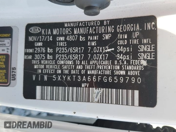 2015 Kia Sorento LX with VIN 5XYKT3A66FG659790, listed as a Copart auction lot 55306395 with 113,883 mi miles and Salvage Title. Bid and sale history available at DreamBid. Image 13.