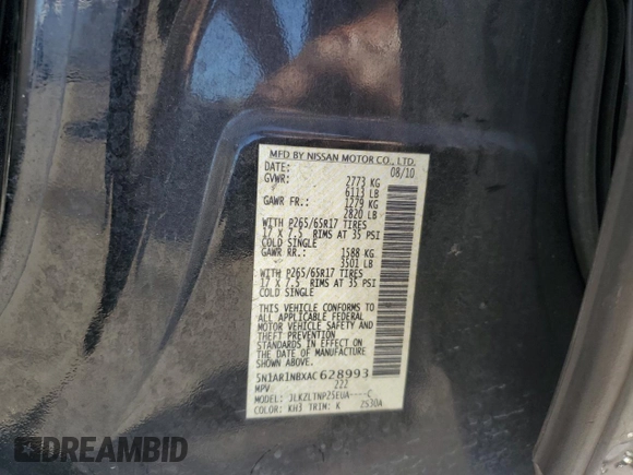 2010 Nissan Pathfinder SE with VIN 5N1AR1NBXAC628993, listed as a Copart auction lot 64094665 with Not provided miles and Salvage title. Bid and sale history available at DreamBid. Image 13.