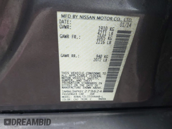 2014 Nissan Altima SL with VIN 1N4AL3APXEC279624, listed as a IAAI auction lot 41705656 with 107,354 mi miles and . Bid and sale history available at DreamBid. Image 9.