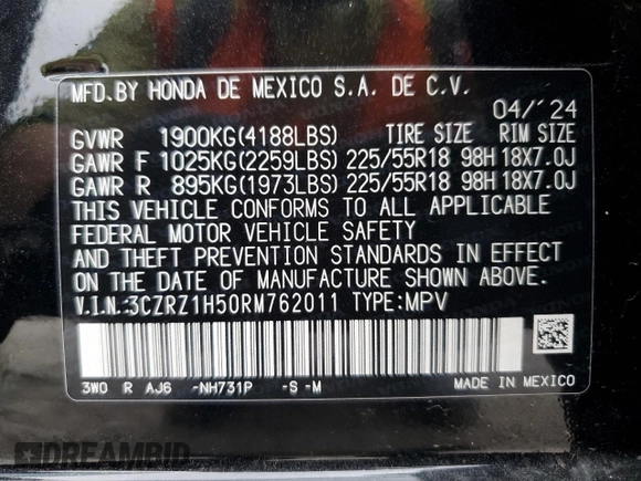 2024 Honda HR-V Sport with VIN 3CZRZ1H50RM762011, listed as a Copart auction lot 51930685 with 13,378 mi miles and Salvage Title. Bid and sale history available at carsss.com. Image 13.