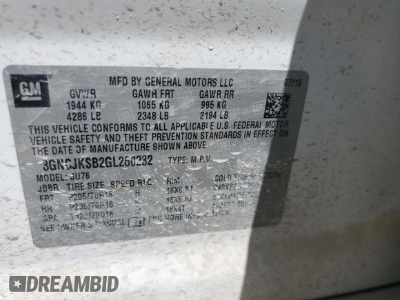 2016 Chevrolet Trax LS with VIN 3GNCJKSB2GL260232, listed as a Copart auction lot 69814824 with 0 mi miles and Salvage Title. Bid and sale history available at carsss.com. Image 13.