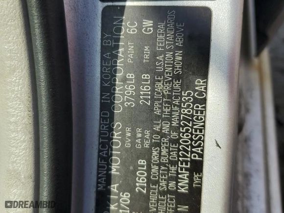 2006 Kia Spectra EX with VIN KNAFE122065278535, listed as a Copart auction lot 53081115 with 206,502 mi miles and Clean Title. Bid and sale history available at carsss.com. Image 13.