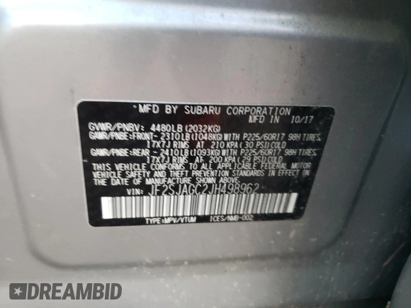 2018 Subaru Forester Premium with VIN JF2SJAGC2JH498962, listed as a Copart auction lot 69431912 with 90,664 mi miles and . Bid and sale history available at DreamBid. Image 13.