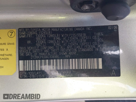 2006 Lexus RX 330 with VIN 2T2HA31U06C108986, listed as a IAAI auction lot 42312143 with Not provided miles and . Bid and sale history available at DreamBid. Image 9.