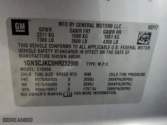 2017 Chevrolet Suburban Premier with VIN 1GNSCJKC8HR232986, listed as a Copart auction lot 70196684 with 89,834 mi miles and Salvage Title. Bid and sale history available at carsss.com. Image 13.
