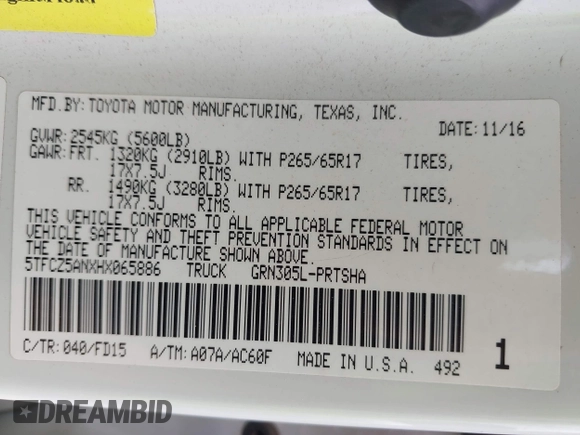 2017 Toyota Tacoma SR5 z VIN 5TFCZ5ANXHX065886, wystawiony jako IAAI lot #42308228 z przebiegiem 294 931 mil mil oraz . Historia ofert i sprzedaży dostępna na DreamBid. Obrazek 9.