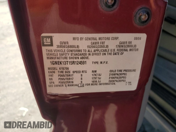 2005 Chevrolet Tahoe Z71 z VIN 1GNEK13T15R124591, wystawiony jako Copart lot #49549285 z przebiegiem 242 649 mil mil oraz Szkoda całkowita • Salvage title. Historia ofert i sprzedaży dostępna na DreamBid. Obrazek 15.