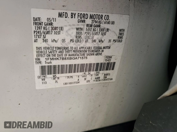 2011 Ford Explorer with VIN 1FMHK7B8XBGA71575, listed as a Copart auction lot 46159895 with 265,126 mi miles and Salvage title. Bid and sale history available at DreamBid. Image 13.