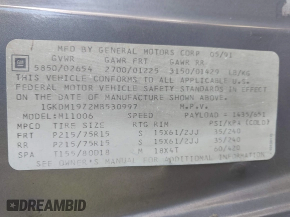 1991 GMC Safari z VIN 1GKDM19Z2MB530997, wystawiony jako IAAI lot #42134837 z przebiegiem 195 085 mil mil oraz . Historia ofert i sprzedaży dostępna na DreamBid. Obrazek 9.