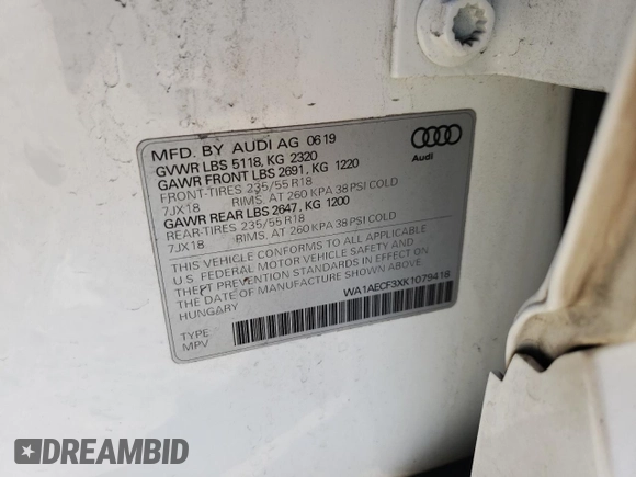 2019 Audi Q3 Premium with VIN WA1AECF3XK1079418, listed as a Copart auction lot 38725843 with 95,597 mi miles. Bid and sale history available at carsss.com. Image 16.