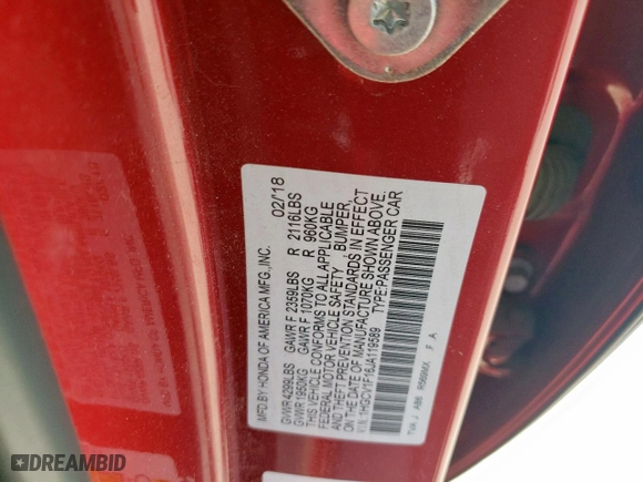 2018 Honda Accord Sedan LX 1.5T with VIN 1HGCV1F16JA119589, listed as a Copart auction lot 49618085 with 86,214 mi miles and Salvage Title. Bid and sale history available at carsss.com. Image 15.