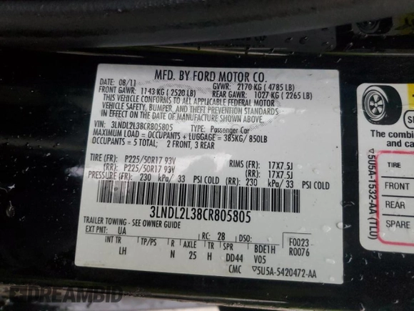 2012 Lincoln MKZ Hybrid with VIN 3LNDL2L38CR805805, listed as a Copart auction lot 44749285 with 135,500 mi miles and Salvage Title. Bid and sale history available at DreamBid. Image 12.