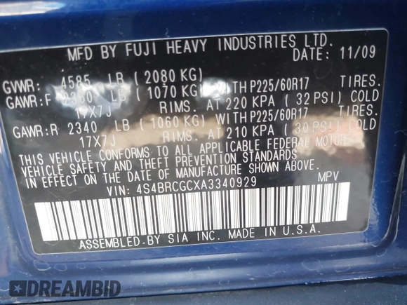 2010 Subaru Outback Premium All-Weather Anniversary with VIN 4S4BRCGCXA3340929, listed as a IAAI auction lot 42574393 with 158,721 mi miles and . Bid and sale history available at DreamBid. Image 9.