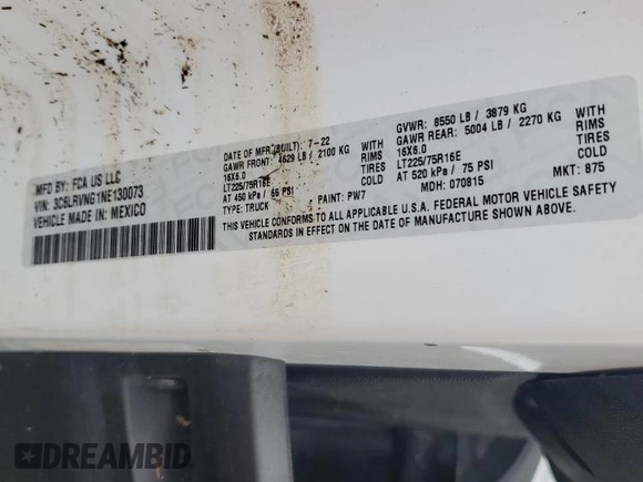 2022 Ram ProMaster Cargo with VIN 3C6LRVNG1NE130073, listed as a Copart auction lot 74721204 with Not Provided miles and Non Repairable. Bid and sale history available at DreamBid. Image 13.