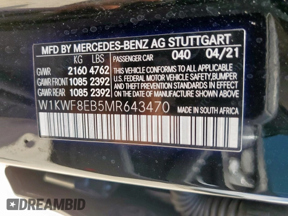 2021 Mercedes-Benz C 300 with VIN W1KWF8EB5MR643470, listed as a Copart auction lot 62184825 with 45,051 mi miles and Salvage title. Bid and sale history available at DreamBid. Image 12.