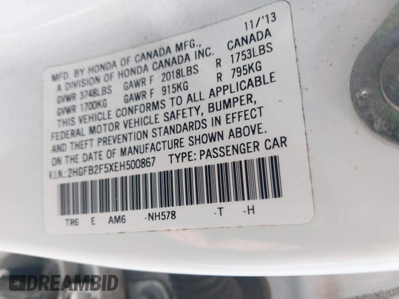 2014 Honda Civic Sedan LX with VIN 2HGFB2F5XEH500867, listed as a IAAI auction lot 42085437 with 92,687 mi miles. Bid and sale history available at carsss.com. Image 9.
