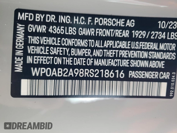 2024 Porsche 911 Carrera S with VIN WP0AB2A98RS218616, listed as a Copart auction lot 81310844 with 2,400 mi miles and Salvage Title. Bid and sale history available at carsss.com. Image 12.