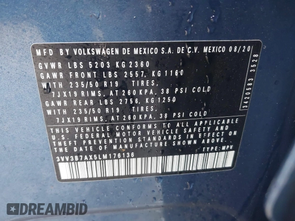 2020 Volkswagen Tiguan SE z VIN 3VV3B7AX5LM176136, wystawiony jako IAAI lot #41564431 z przebiegiem 74 867 mil mil oraz . Historia ofert i sprzedaży dostępna na DreamBid. Obrazek 9.