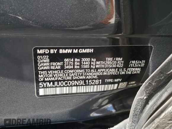 2022 BMW X5 M z VIN 5YMJU0C09N9L15281, wystawiony jako Copart lot #53771493 z przebiegiem Nie podano mil oraz . Historia ofert i sprzedaży dostępna na DreamBid. Obrazek 12.