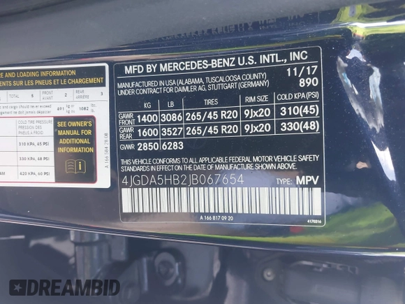 2018 Mercedes-Benz GLE 350 with VIN 4JGDA5HB2JB067654, listed as a IAAI auction lot 42329404 with 97,868 mi miles and . Bid and sale history available at DreamBid. Image 9.