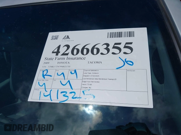 2009 Toyota Tacoma PreRunner with VIN 3TMKU72N79M021730, listed as a IAAI auction lot 42666355 with 141,325 mi miles and . Bid and sale history available at DreamBid. Image 17.
