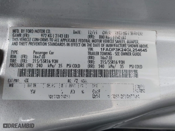 2016 Ford Focus SE with VIN 1FADP3K24GL254645, listed as a IAAI auction lot 41725276 with 117,645 mi miles. Bid and sale history available at carsss.com. Image 9.