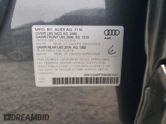 2017 Audi Q5 Premium with VIN WA1C2AFP7HA080592, listed as a Copart auction lot 86649674 with 89,989 mi miles and Salvage Title. Bid and sale history available at carsss.com. Image 13.
