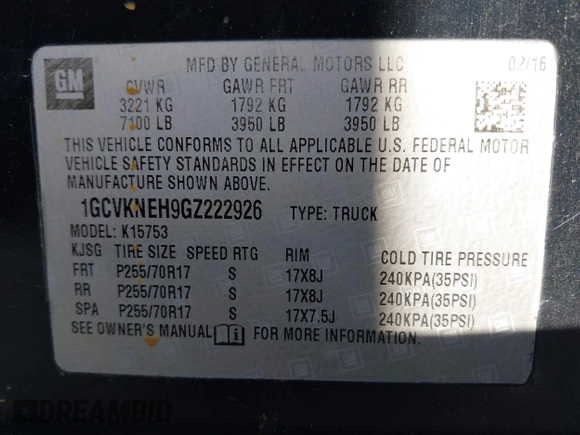 2016 Chevrolet Silverado 1500 Work Truck with VIN 1GCVKNEH9GZ222926, listed as a IAAI auction lot 38692351 with 121,772 mi miles. Bid and sale history available at carsss.com. Image 9.