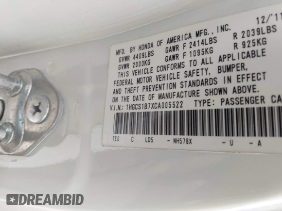 2012 Honda Accord EX with VIN 1HGCS1B7XCA005522, listed as a IAAI auction lot 42485564 with 84,073 mi miles and . Bid and sale history available at DreamBid. Image 9.