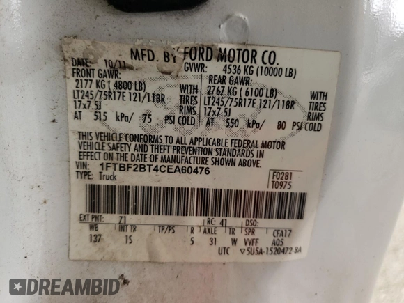 2012 Ford F-250 XLT с VIN 1FTBF2BT4CEA60476, выставлен на аукционе Copart как лот 56690915 с пробегом 98 798 миль миль и Списание • Salvage title. История ставок и продаж доступна на DreamBid. Изображение 13.