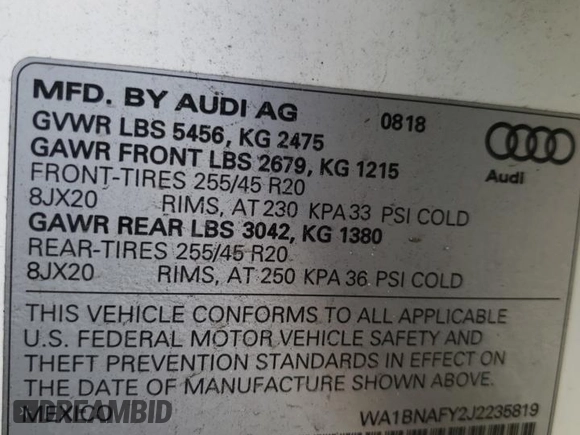 2018 Audi Q5 Premium Plus with VIN WA1BNAFY2J2235819, listed as a Copart auction lot 73505532 with 36,593 mi miles. Bid and sale history available at carsss.com. Image 15.