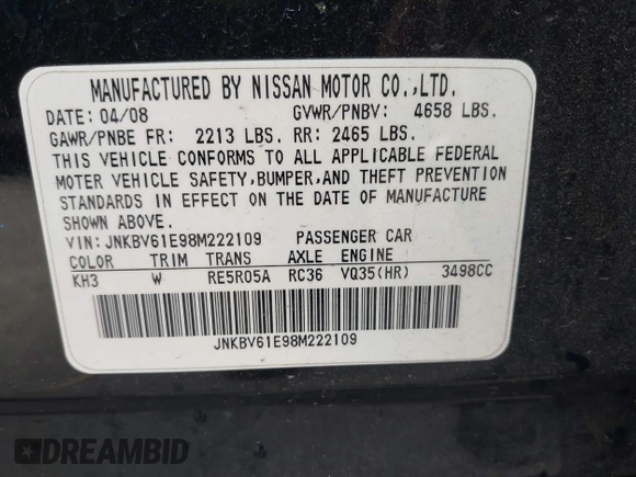 2008 Infiniti G35 Journey with VIN JNKBV61E98M222109, listed as a IAAI auction lot 42071416 with 216,507 mi miles. Bid and sale history available at carsss.com. Image 9.