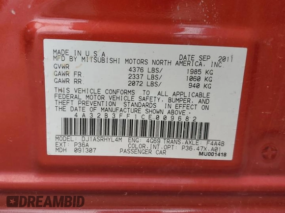 2012 Mitsubishi Galant ES z VIN 4A32B3FF1CE009682, wystawiony jako Copart lot #52804575 z przebiegiem 166 472 mil mil oraz Szkoda całkowita • Salvage title. Historia ofert i sprzedaży dostępna na DreamBid. Obrazek 12.