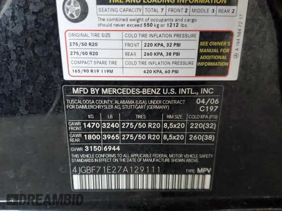 2007 Mercedes-Benz GL 450 with VIN 4JGBF71E27A129111, listed as a Copart auction lot 79764614 with 188,093 mi miles and Salvage Title. Bid and sale history available at DreamBid. Image 13.