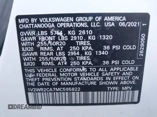 2021 Volkswagen Atlas SE z VIN 1V2WR2CA7MC595822, wystawiony jako IAAI lot #41957158 z przebiegiem 41 447 mil mil oraz . Historia ofert i sprzedaży dostępna na DreamBid. Obrazek 9.