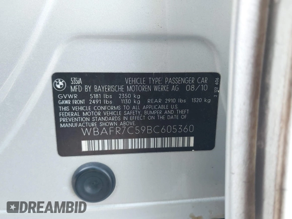 2011 BMW 5 Series 535i with VIN WBAFR7C59BC605360, listed as a IAAI auction lot 41448941 with 92,383 mi miles and . Bid and sale history available at DreamBid. Image 9.