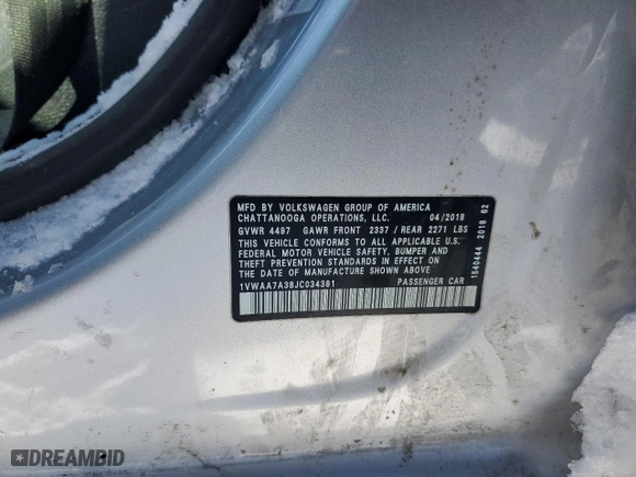 2018 Volkswagen Passat 2.0T S with VIN 1VWAA7A38JC034381, listed as a Copart auction lot 46028605 with 0 mi miles and Salvage Title. Bid and sale history available at carsss.com. Image 14.