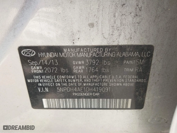 2013 Hyundai Elantra GLS with VIN 5NPDH4AE1DH419091, listed as a IAAI auction lot 42018882 with 170,960 mi miles. Bid and sale history available at carsss.com. Image 9.